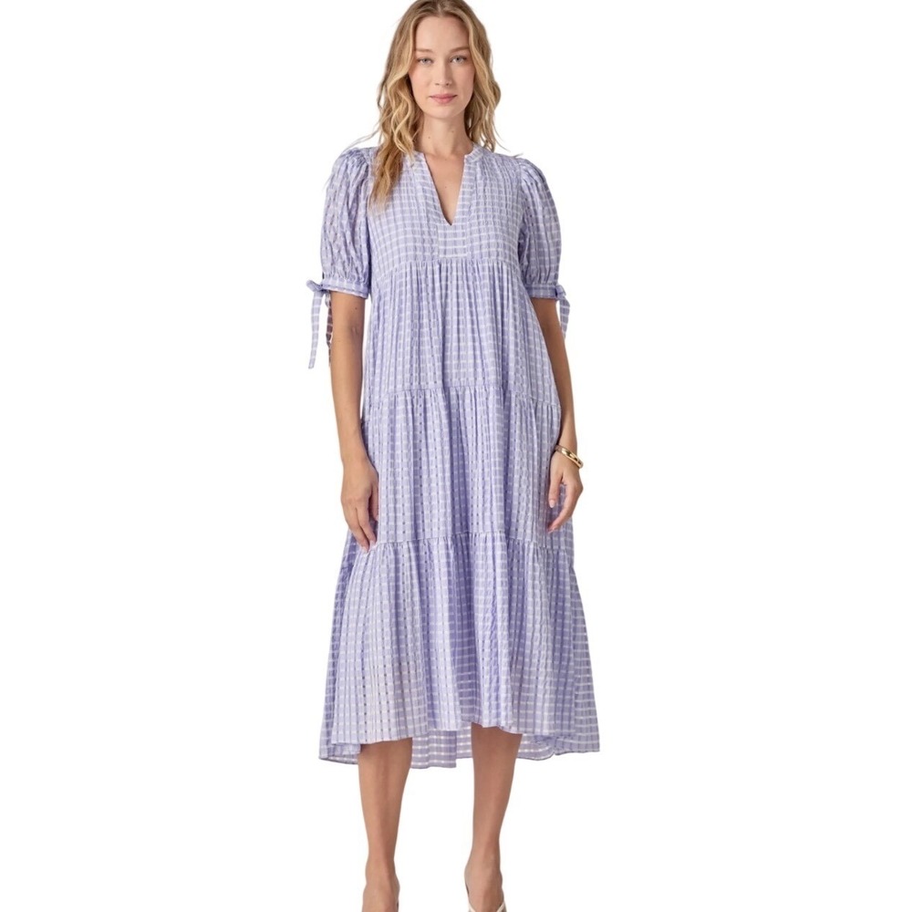 Cottagecore Lavender Gingham tiered Dress prairie romantic boho Wedding Guest SM